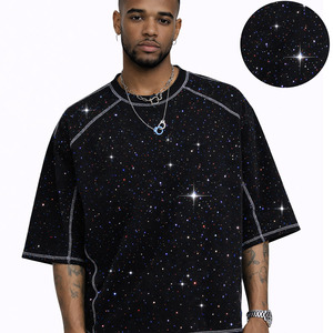 T-shirt personnalisé en strass, motif étoilé noir sur toute la surface, pour hommes, coupe oversize, 100% coton, surpiqûres contrastées, streetwear, OEM - Product Image 2