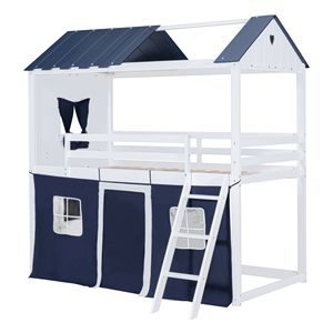 Elegante Letto a Castello Singolo con Finestre Blu-Bianche e Tenda - Letto a Casetta in Legno per Bambini - Product Image 6