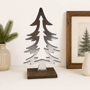 Handcrafted Premium Aluminum Christmas <b>Tree</b> Sculpture Minimalist Silver Metal Holiday Figurine on Sustainable Mango Wood Stand - Product Image 4