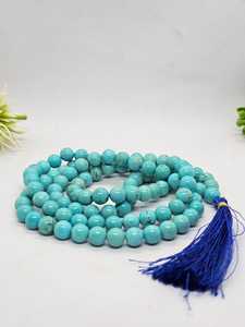 Collier Mala artisanal écologique en perles de prière en cristal de forme irrégulière, polies, à thème religieux, avec pompon bleu, 99 perles - Product Image 6