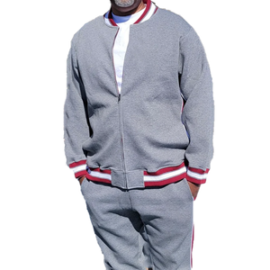 Ensemble de survêtement décontracté gris chiné imprimé, deux pièces : veste zippée et pantalon de jogging en mélange de coton premium, style universitaire streetwear - Product Image 1
