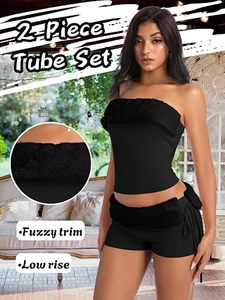Ensemble assorti décontracté d'été deux pièces pour femme, sans manches, uni, avec haut court tube et pantalon au genou, en polyester et coton, respirant, OEM ODM - Product Image 3