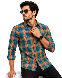 Manufacturer Teal Orange Plaid Men Casual Flannel Shirt Slim Fit Button Down Long Sleeve <b>Checkered</b> Cotton Fashion <b>Top</b> Wear - Product Image 1
