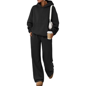 Ensemble de survêtement décontracté en polaire pour femme, hiver, couleur unie, sweat-shirt oversize et pantalon de survêtement à jambe droite - Product Image 1
