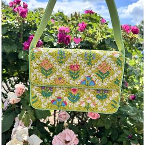 Sac à main rectangulaire en verre perlé jaune fait main avec broderie florale (Polyester) Lavable Usage quotidien ALI FASHION ART AFA-03 Toile - Product Image 1