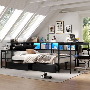 Modern Full-Size <b>Corner</b> Bed Frame with LED Light Charging Station & Bookcase 2 Underbed <b>Storage</b> Drawers Left Side - Product Image 2