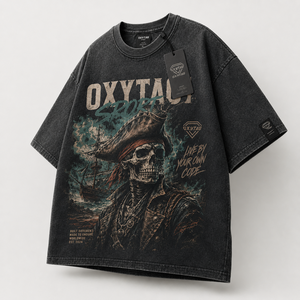 T-shirt surdimensionné vintage délavé à l'acide pour homme, en coton épais, à épaules tombantes, avec imprimé graphique Tête de Pirate, fabriqué sur mesure - Product Image 4