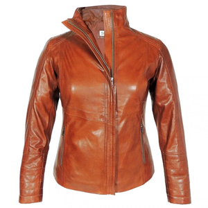 Vestes en cuir pour femmes en peau de mouton véritable à col haut, marron foncé, faites à la main - Product Image 1