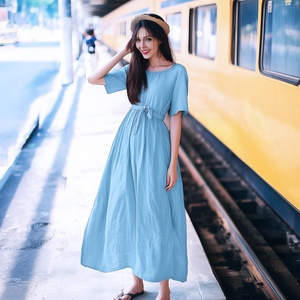 <b>Top</b> Products 100% Cotton Midi Dress Short Sleeve Vintage with Side Pockets High Waist for Women - Product Image 1