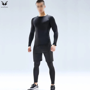 Quick Drying Comfortable Base Layer Workout Sportswear Black Color 3PCS Men Compression Set Long Sleeve Shirt <b>Shorts</b> & Leggings - Product Image 3