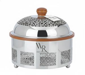 Plat de service rond de luxe en métal artisanal avec bouton en bois, personnalisable avec logo, pour maintenir les aliments au chaud - Product Image 6