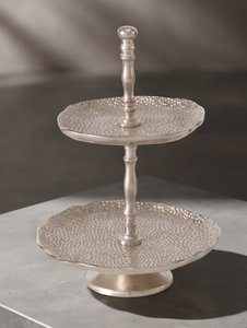 Modern Silver Metal 2 <b>Tier</b> <b>Cake</b> <b>Stand</b> Luxury Hammered Dessert Display Tray Ball Finial Handle Cupcake Holder Party Decor - Product Image 4