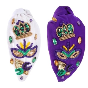 Serre-tête perlé bicolore confortable pour le Mardi Gras, avec couronne et masque, orné de strass violets et blancs, accessoires de cheveux noués pour le carnaval 2026 - Product Image 1