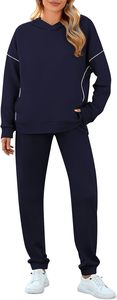 <b>Women's</b> <b>Navy</b> Blue Hooded Tracksuit Solid Color Casual Loose Fit Full Sleeve With Side Pockets Elastic Waist Autumn Wear - Product Image 6