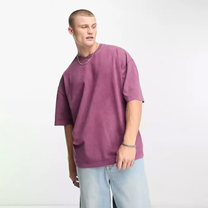 T-shirt pour homme, violet uni, surdimensionné, manches courtes, col rond, coton jersey, coupe classique, longueur normale, style streetwear - Product Image 4