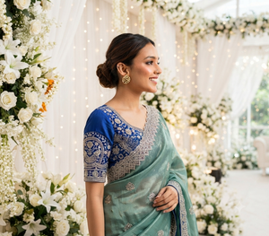 Sari en soie turquoise élégant avec broderie argentée et chemisier bleu pour les occasions de mariage, sari traditionnel pour femmes, longueur au sol - Product Image 5