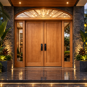 Puerta Doble de Madera Sólida con Panel de Vidrio Arqueado y Luces Laterales, Puerta Exterior Abatible Minimalista con Acabado para Villa - Product Image 1