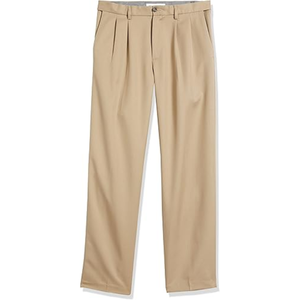 Pantalon plissé décontracté chic pour homme, coupe droite, taille mi-haute, infroissable, en tissu peigné de coton et polyester, poids moyen, motif uni - Product Image 1