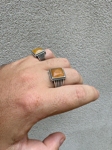 Anillos de Hombre con Gema de Ámbar Vintage, Engaste Cuadrado, Aleación Plateada Antigua, Estilo Geométrico, Uso Diario, Regalo - Product Image 3
