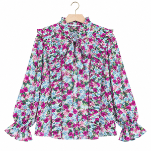 Blusa de moda para mujer al por mayor con estampado de lunares, cuello con lazo, plisada, con volantes frontales, manga larga, elegante, para oficina, proveedor de tops de trabajo - Product Image 5
