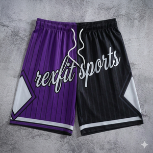 กางเกงบาสเก็ตบอลชายแบบสั่งทำพิเศษ สีม่วงดำ ดีไซน์ REXFIT SPORTS กางเกงกีฬาตาข่าย ผลิตแบบ OEM - Product Image 6
