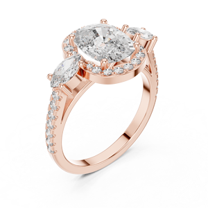 Bague de fiançailles Art Déco en moissanite taille ovale avec halo, bande latérale marquise, en acier inoxydable plaqué or rose, collection Vinson Project, bijoux raffinés - Product Image 3