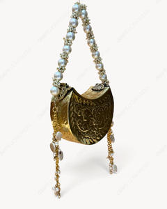 Handmade Gold Metal Crescent <b>Clutch</b> <b>Bag</b> Embossed Floral Design Pearl Handle Chain Tassels Antique Minaudiere Women Wholesale - Product Image 2