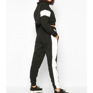<b>Women's</b> Black <b>White</b> Color Block Crop Top Tracksuit Set Full Sleeve Hooded Sporty <b>Joggers</b> Ankle Length Fleece Breathable Loose - Product Image 2
