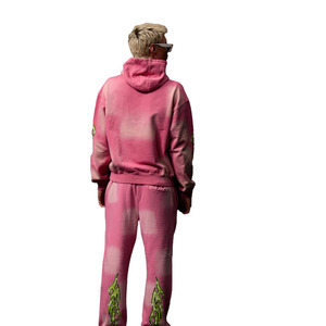 Conjunto Deportivo con Capucha Rosa y Estampado de Llamas Verdes, Pantalones Largos, Diseño Brillante, Unisex, Corte Holgado, Primavera - Product Image 2