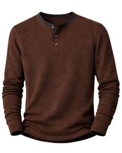Camiseta Térmica de Manga Larga para Hombre, Estilo Henley, Color Marrón Oscuro, Cuello con Botones, Prenda Casual de Invierno, Algodón, Corte Ajustado, Tejido Transpirable - Product Image 2