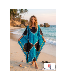 Robe Kaftan Col V Tie-Dye Ample Longueur Ras du Sol Manches Courtes Bohème Été Plage Cache-Maillot en Mousseline pour Femme Fabricant OEM ODM - Product Image 1