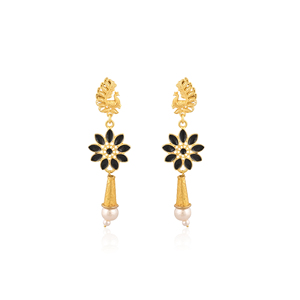 ต่างหูมุกทำมือชุบทองเหลืองสีดำธรรมชาติสำหรับผู้หญิง - Product Image 1