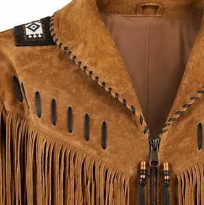 Veste vintage marron pour homme, col rabattu à franges, fermeture éclair, manches régulières - Product Image 2