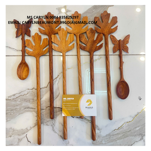 Cuillère en bois sculptée à la main avec plume, personnalisée et gravée, cadeau écologique, cuillère en padauk, feuilles de fleurs, manche court, minimaliste - Product Image 2