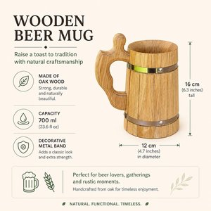 Premium Handcrafted Wooden Beer <b>Mug</b> Natural Oak Viking Tankard Rustic Barrel Style Wooden Drinking <b>Mug</b> with Stainless Steel Band - Product Image 6