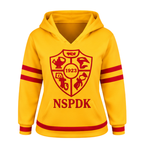 Sudadera con Capucha de Manga Larga PDK para Mujer, Dorado y Rojo, Emblema de Antorcha con Libro Abierto 1923, Brazos Rayados, Sudadera con Capucha Tipo Pullover, Ropa Griega de Hermandad - Product Image 3