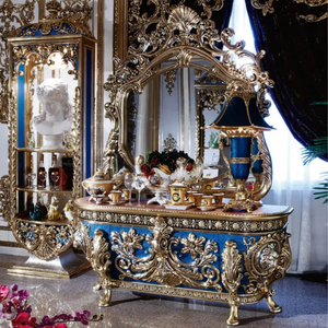 Ensemble de table à manger de style baroque européen de luxe en acajou massif avec accents dorés et bleus, table rectangulaire classique avec buffet - Product Image 3