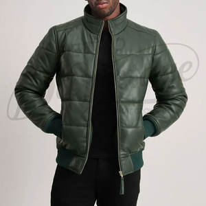 Blouson matelassé en cuir vert forêt pour homme, col montant, doudoune d'hiver en similicuir rembourrée avec bordures côtelées - Product Image 1