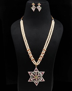 RAY FINE ORNATES Two Line Pearl <b>Necklace</b> Set 22K Gold Plated Vintage IGI Certified Star Emerald <b>Ruby</b> CZ Bridal Wedding Jewelry - Product Image 3