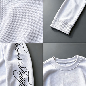T-shirt à manches longues en fibre de bambou 100% style Ins, imprimé sur le col, style gaufré, rétro, tendance, polyvalent, mode urbaine, décontracté - Product Image 5