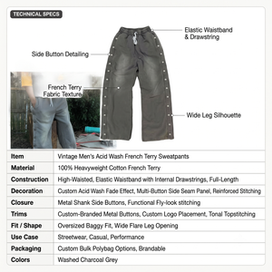 Men's Custom Acid Wash Cotton Baggy <b>Sweatpants</b> with Wide Legs & Side Buttons (<b>Wholesale</b>) - Product Image 4