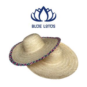 Chapeau de soleil Fedora à large bord en herbe naturelle écologique Blue Lotus Farm Lucy, brodé à la main, avec ruban rayé et corde de plage – Vente chaude - Product Image 1