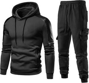 Ensemble de survêtement vintage décontracté à capuche pour homme, tenue chaude deux pièces pour l'automne, mode par temps froid, gym, 100 % polyester, vêtements de loisirs - Product Image 1