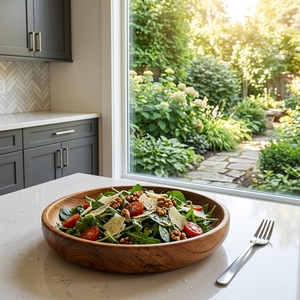 Ensemble d'ustensiles de cuisine en bois de teck massif de qualité alimentaire, bol rond en bois artisanal, bassin peu profond artisanal balinais, plateau à salade - Product Image 4