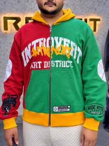 Men's Color Blocking <b>Zip</b>-Up <b>Hoodie</b> Oversized Fit Embroidery Sleeves French Terry Cotton Breathable <b>Pocket</b> Printed Front <b>Hoodie</b> - Product Image 3