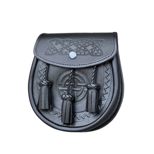 Premium Genuine Leather Celtic Sporran with Embossed Knotwork Design, Three Braided Tassels and <b>Snap</b> Closure for Scottish - Product Image 2