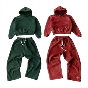 Ensemble de survêtement unisexe à capuche de couleur unie, coupe décontractée, manches longues, pantalon à cordon de serrage, 100 % coton, pour l'automne, prix de gros - Product Image 2