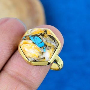 Natural Oyster <b>Turquoise</b> Hexagon shape Cut Gemstone 18k Gold Plated Bezel Handmade Cocktail <b>Ring</b> For Women - Product Image 2