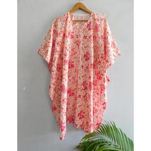 ชุดเดรสผ้าฝ้ายโบฮีเมียนทำมือ คอวี แขนทรงปีกค้างคาว ลายพิมพ์บล็อก ลายดอกไม้ ซักได้ ใช้คลุมชายหาด ทรงหลวม สไตล์ทูนิค สำหรับฤดูร้อน - Product Image 2