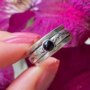 Natural Black Onyx Fidget <b>Spinner</b> <b>Ring</b> Flower Detail 925 Sterling Silver Gothic Whimsical Unisex Anxiety <b>Ring</b> - Product Image 1